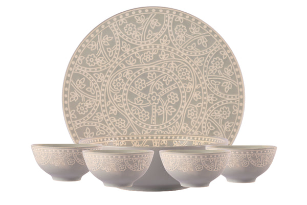 Hitkari Porcelain Mila Light Grey 2 Serving Bowl With 4 Veg Bowl And 4 Full Plate