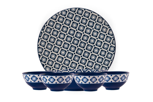 Hitkari Porcelain Cinnaflower Indigo 6 Veg Bowl & 6 Side Plate