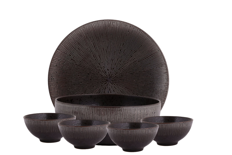 Hitkari Porcelain Rustic Brown 1 Serving Bowl With 8 Veg Bowl And 4 Full Plate