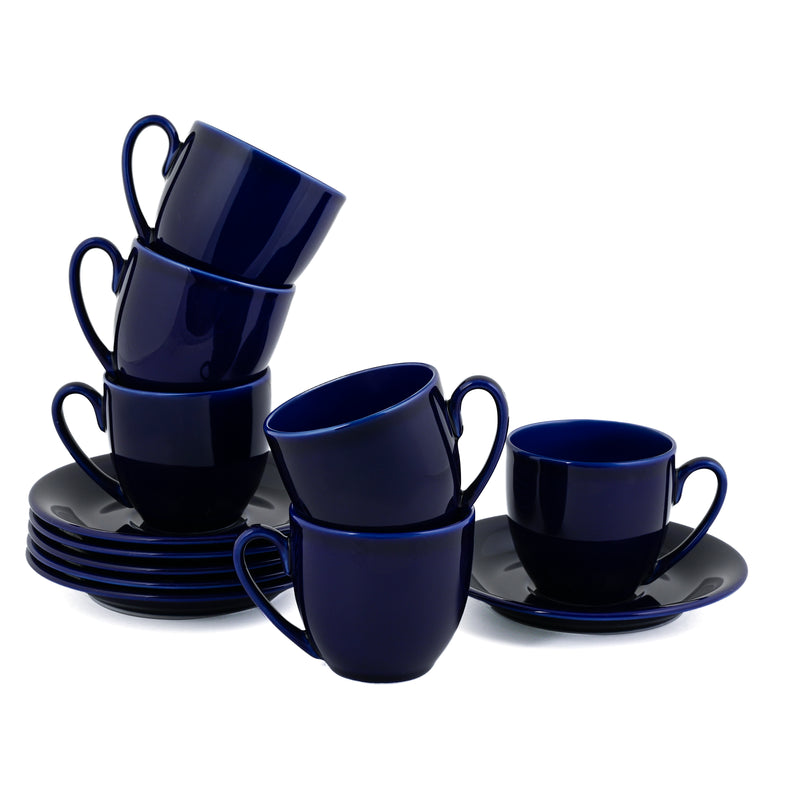 Hitkari Basics Cobalt Glossy Porcelain Cup and Saucer Set | 190ml Elegant Tea & Coffee Set of 12 | Ideal Gift for Housewarming & Festivals