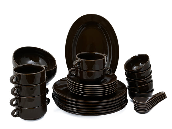 Hitkari Basics Porcelain Glossy Brown Dinner Set 33 Pcs | Elegant Dinnerware for Home & Gifting