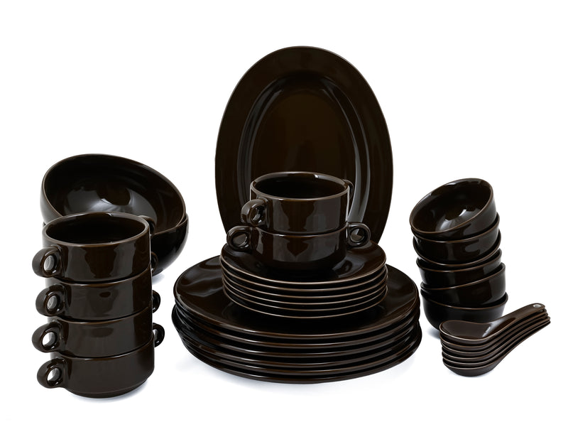 Hitkari Basics Porcelain Glossy Brown Dinner Set 33 Pcs | Elegant Dinnerware for Home & Gifting