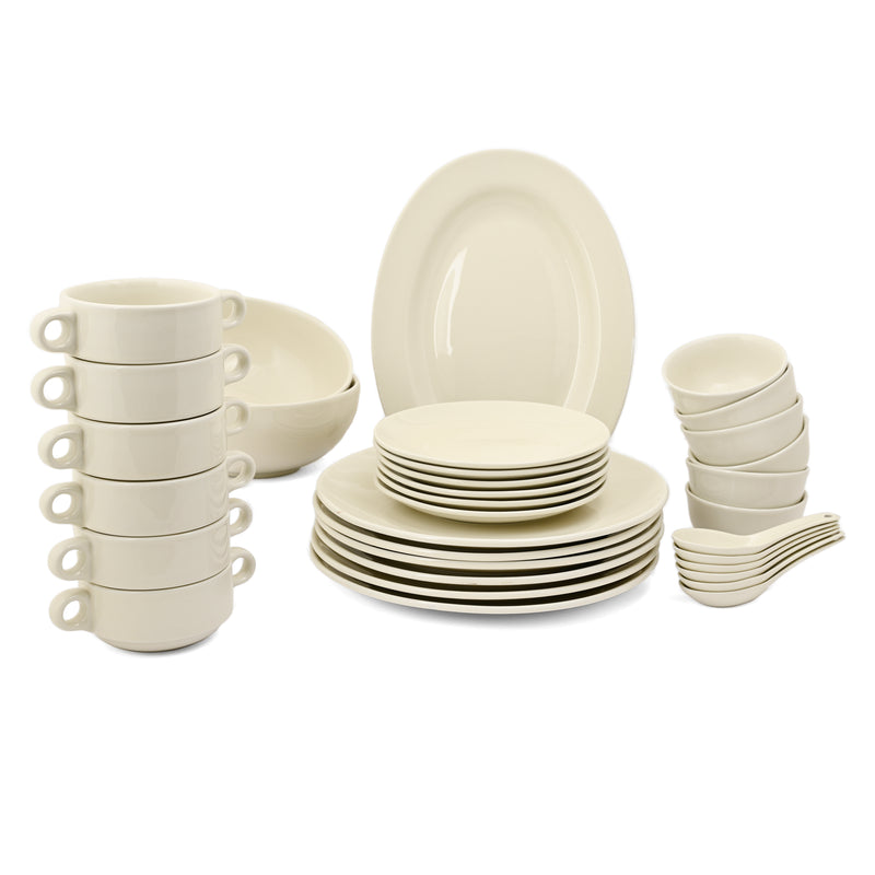 Hitkari Basics Porcelain Glossy Ivory Dinner Set 33 Pcs | Elegant Dinnerware for Home & Gifting