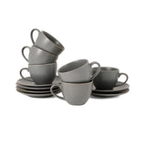Hitkari Grey Matt Porcelain Cup & Saucer Set of 6 – Premium Matte Finish, Microwave & Dishwasher Safe