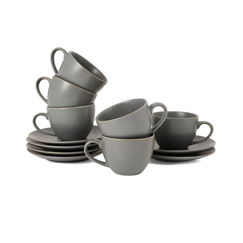 Hitkari Grey Matt Porcelain Cup & Saucer Set of 6 – Premium Matte Finish, Microwave & Dishwasher Safe