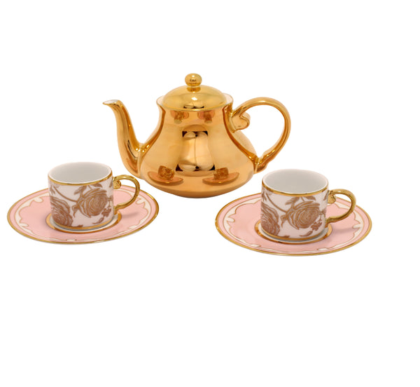 GOLD TEA POT WITH SET OF 2 DEMITASSE AND SAUCER