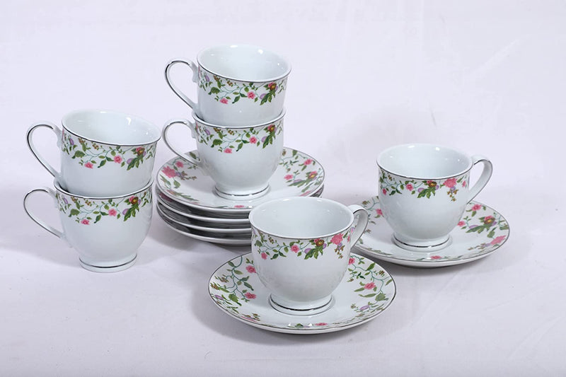 Hitkari Porcelain 16522 Cup & Saucer Set of 6 Pair | for Morning & Evening Tea | Material: Porcelain with Elegant Design |(12 -Pieces, White)