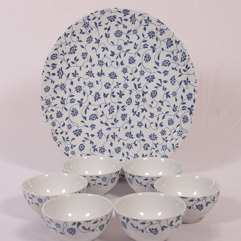 Hitkari Porcelain NOEY Blue 1 Platter with 6 Veg Bowl Set-7 Pcs |for Home & Kitchen |Material Porcelain |Snacks Set Platter with Veg Bowl Set|,Veg Bowl -180ml ,Platter -12.20"(Grey)…