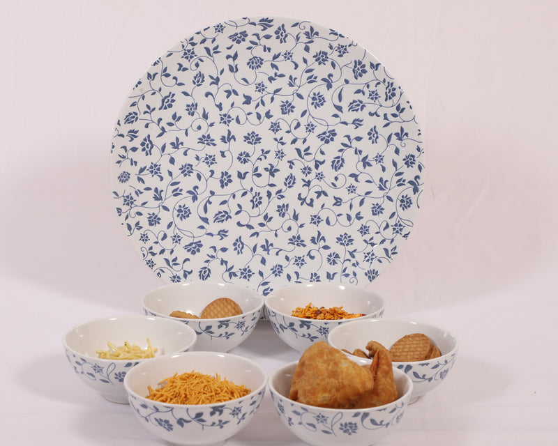 Hitkari Porcelain NOEY Blue 1 Platter with 6 Veg Bowl Set-7 Pcs |for Home & Kitchen |Material Porcelain |Snacks Set Platter with Veg Bowl Set|,Veg Bowl -180ml ,Platter -12.20"(Grey)…