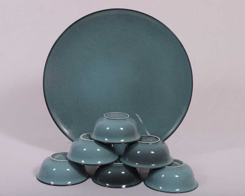 Hitkari Porcelain Jade Green 1 Platter with 6 Veg Bowl Set-7 Pcs.|for Home & Kitchen |Material :-Porcelain |Snacks Set Platter with Veg Bowl Set|,Veg Bowl -180ml ,Platter -12.20"
